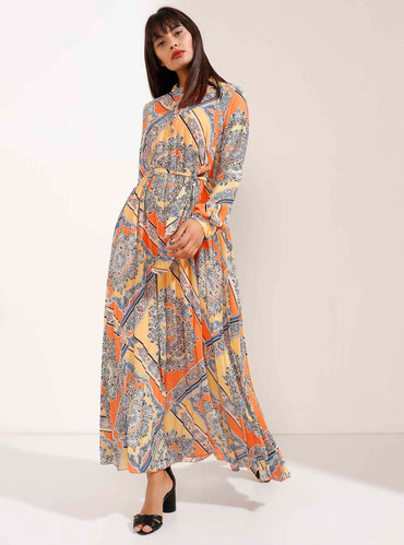 Orange and Yellow Pleated Elegant Patterned Maxi Dress - Store WF