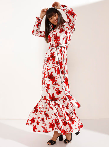 Red Floral Patterned Maxi Dress with Belt - Store WF