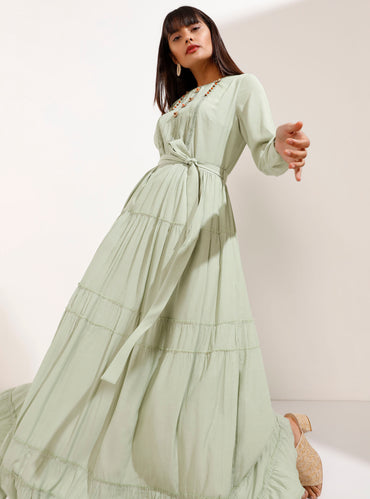 Buttoned Green Strap Belted Long Dress - Store WF