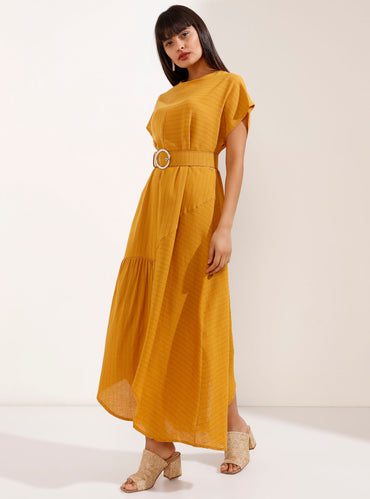 Yellow Short-Sleeved Belted Dress - Store WF