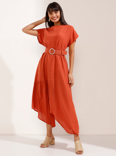 Tile Red Belted Long Dress with Short Sleeves - Store WF