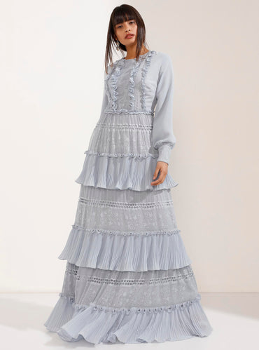 Grey Layered Chiffon Maxi-Gown with Ruffles - Store WF