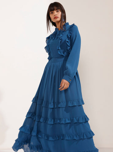 Blue Elegant Dress with Ruffled Chest Detail - Store WF