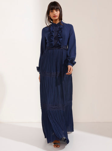 Stylish Navy Chiffon Maxi-Sized Dress with Cuff Details - Store WF