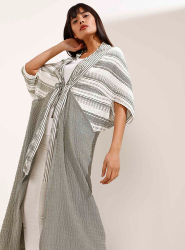 Tie Front Mix Stripe Linen Kimono - Store WF