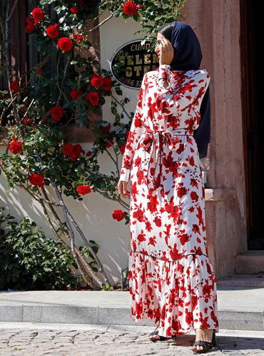 Red Floral Patterned Maxi Dress with Belt - Store WF