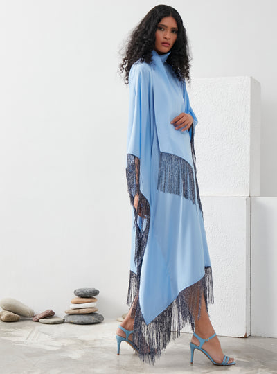 Baby Blue Silver Fringed Kaftan Dress With Tie Neck Detailed