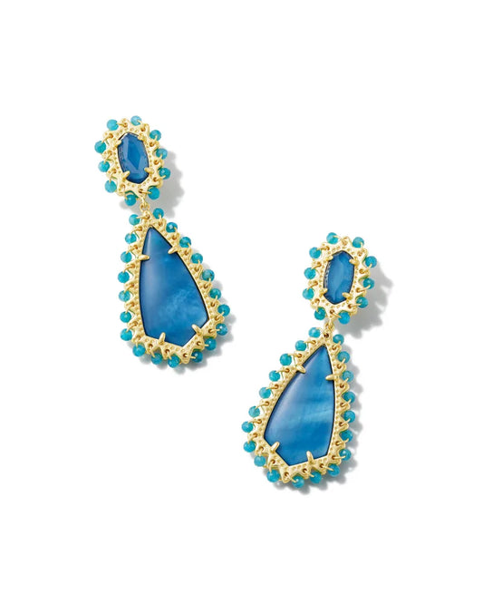 Beaded Camry Gold Statement Earrings in Blue Mix