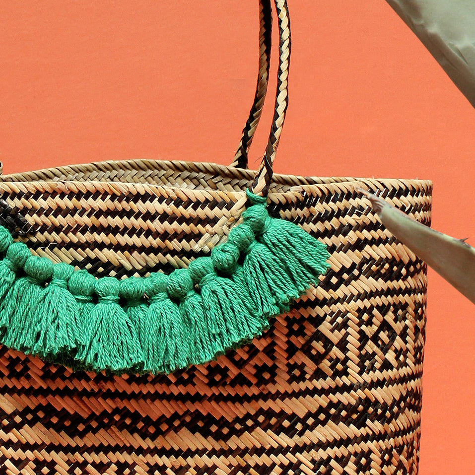 Borneo Medio Straw Tote Bag - Hand Bag with Lush Green Roman Tassels ...