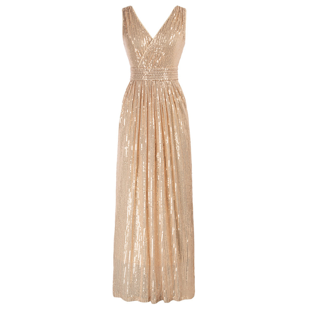 Sequined Evening Dress Sleeveless Surplice V-Neck Pleated Waist Dress – Kate  Kasin