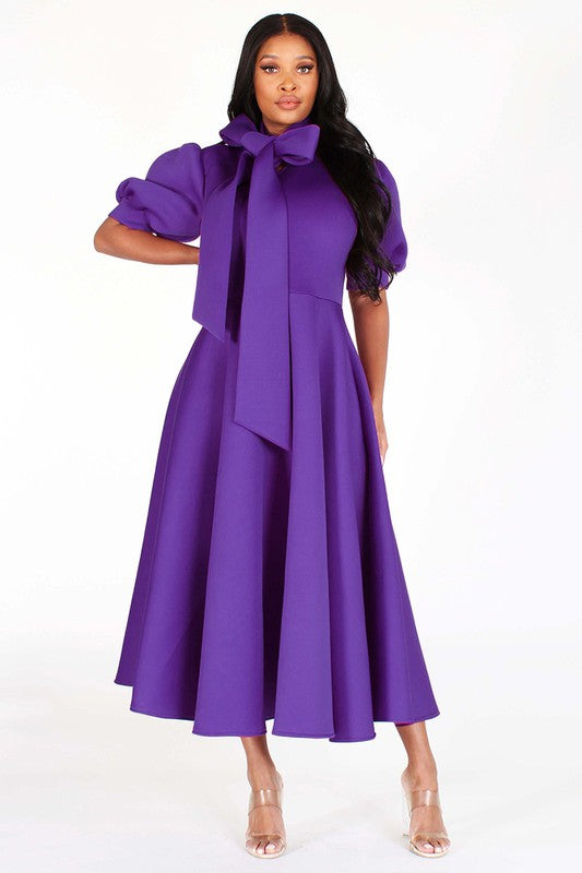 Puff Sleeve Bow Tie Midi Dress – Diva's Den Fashion