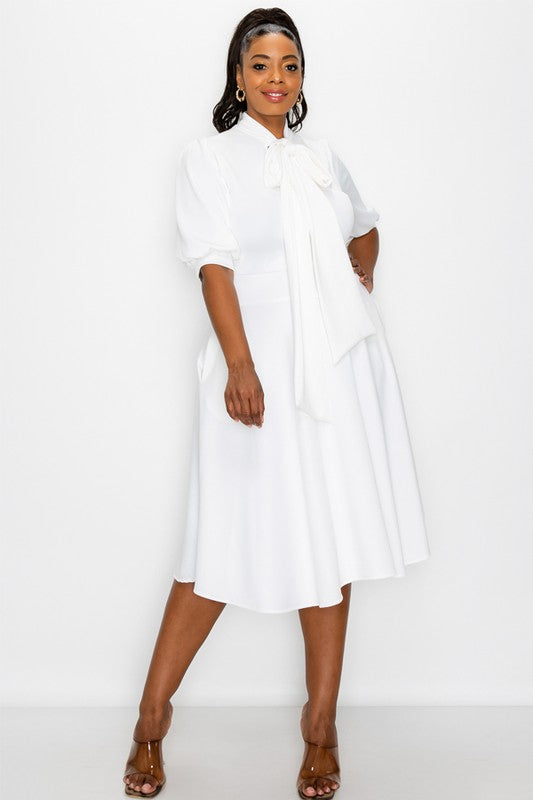 Puff Sleeve Solid Midi Dress – Diva's Den Fashion