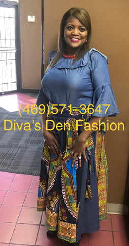 denim and african print dresses