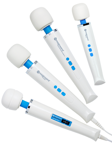 White background product picture of the Hitachi Magic Wand Original, Hitachi Magic Wand Rechargeable, Hitachi Magic Wand Plus and Hitachi Magic Wand Mini grouped together.