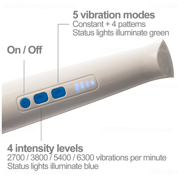 Hitachi Magic Wand Rechargeable HV-270. Closeup picture of the control buttons and status indicator lights.