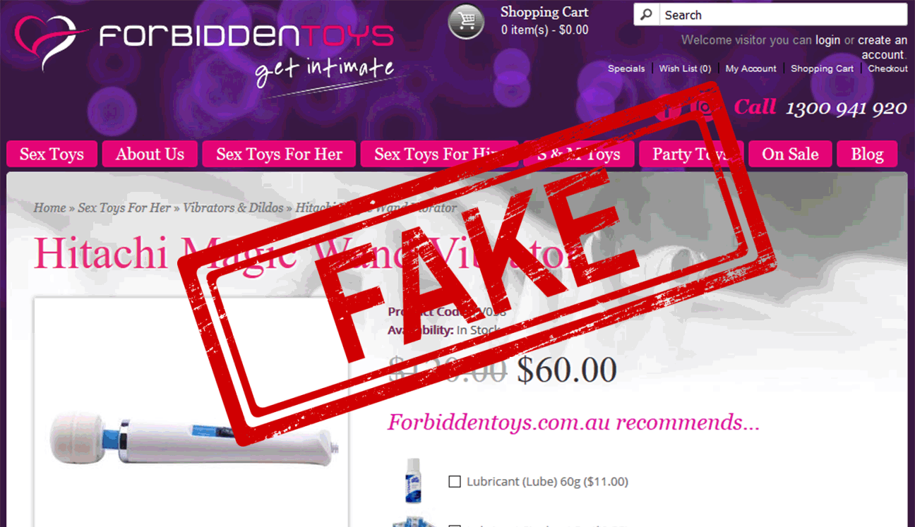 Example 6: screenshot of a fake Hitachi Magic Wand Original being sold by Australian online retailer, Forbiddentoys.com.au