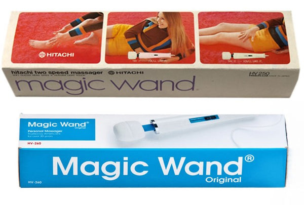 Hitachi Magic Wand product packaging pictured side by side. 1970's and 2000's.