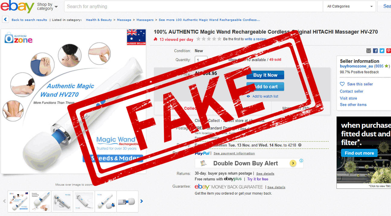 Example 3: screenshot of fake Hitachi Magic Wand Rechargeable being sold by an Australian online seller through ebay