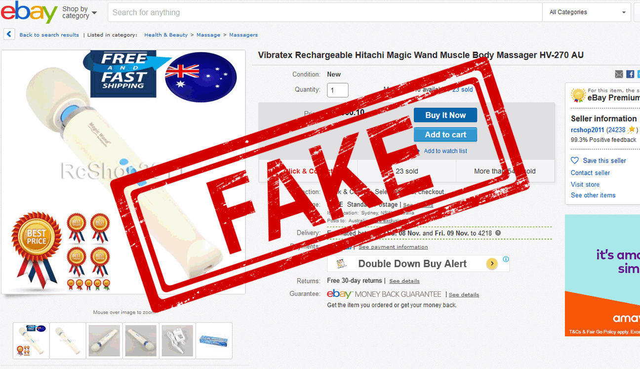 Example 5: screenshot of a fake Hitachi Magic Wand Rechargeable being sold by an Australian online seller through ebay