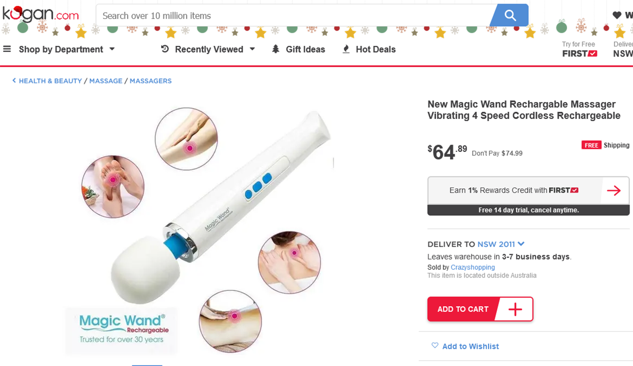 Example 1: Screenshot of a fake Hitachi Magic Wand Rechargeable being sold by Kogan and Dick Smith.