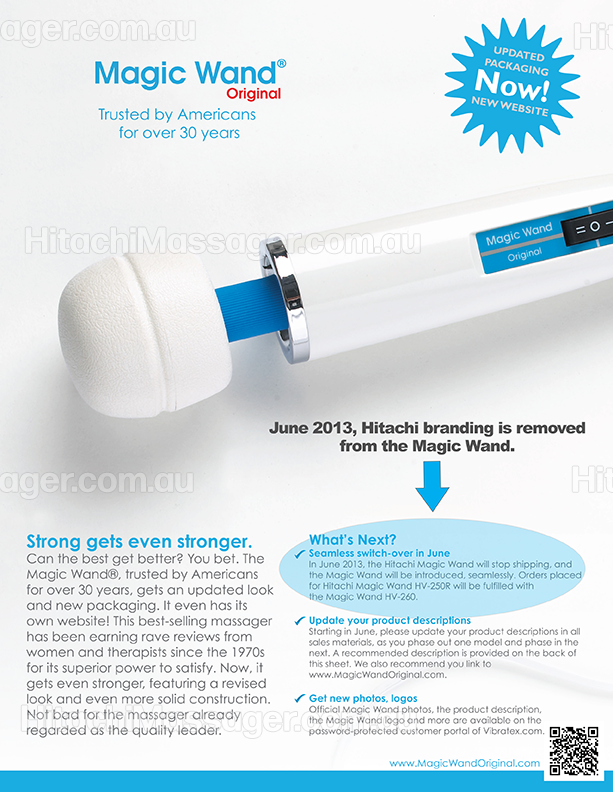 2013 brochure explaining that the 'Hitachi Magic Wand' is being re-branded to the 'Magic Wand'.