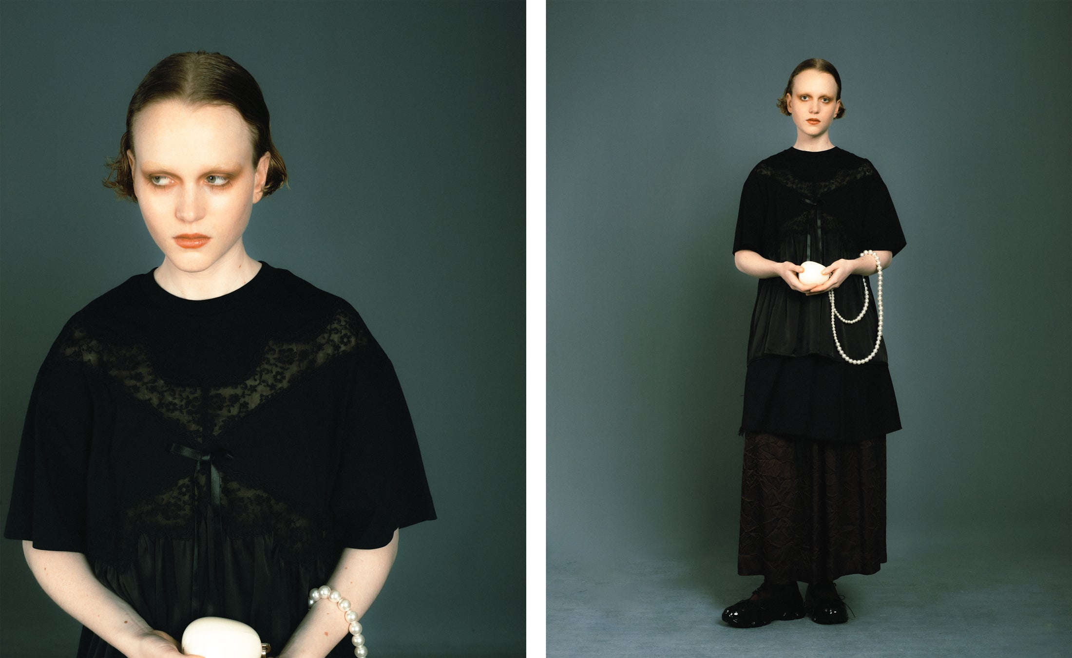 Simone Rocha satin patchwork tee, nano egg bag, embellished low trek ballerina shoes, Song for the Mute pleated mini skirt, Uma Wang Gillian skirt.