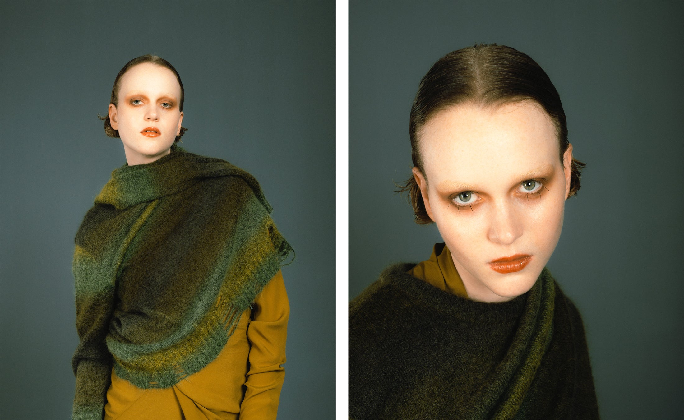 Song for the Mute green mohair sweater and Rick Owens sulphate wrap dress.