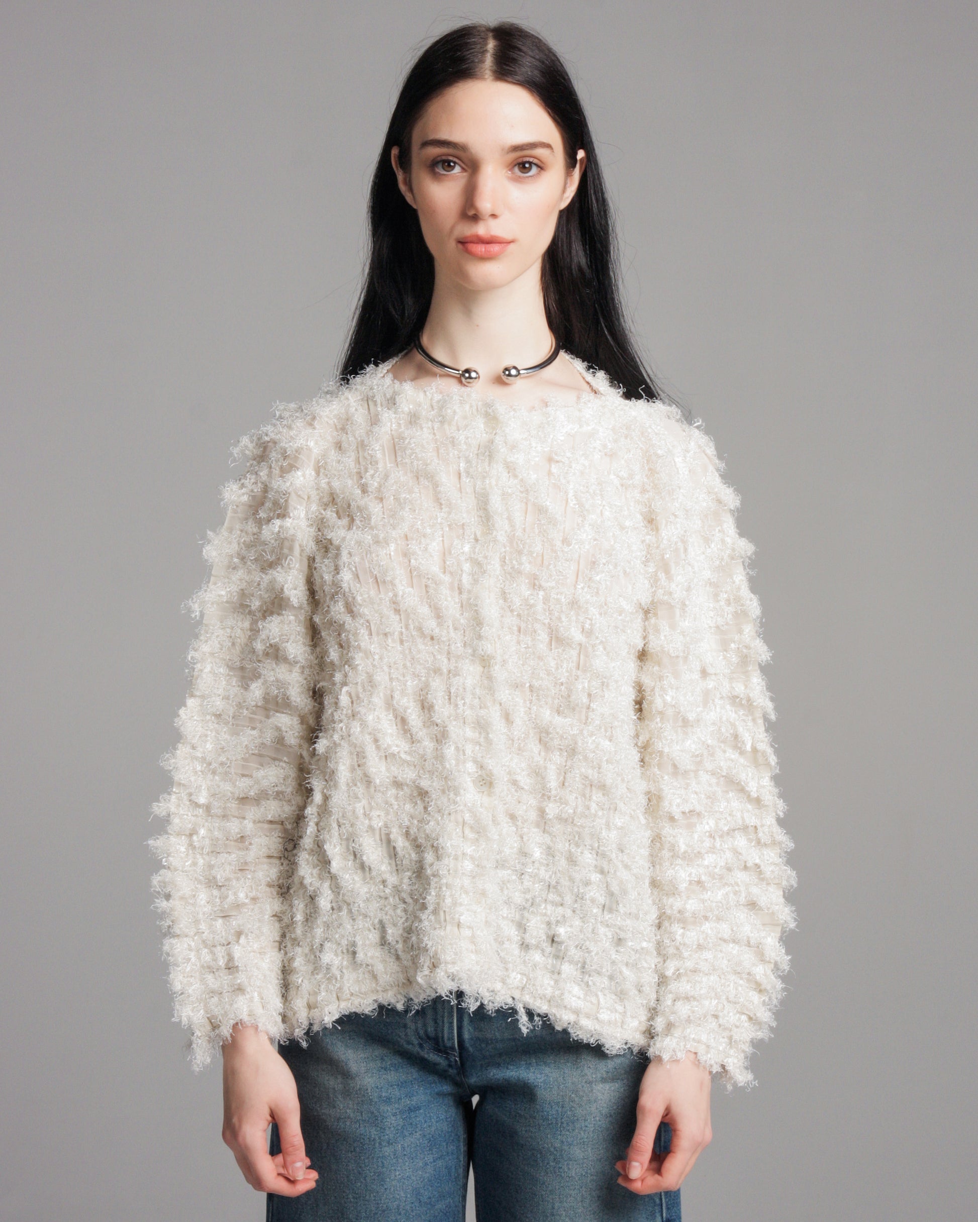 Ivory Zig Zag Shaggy Pleated Cardigan