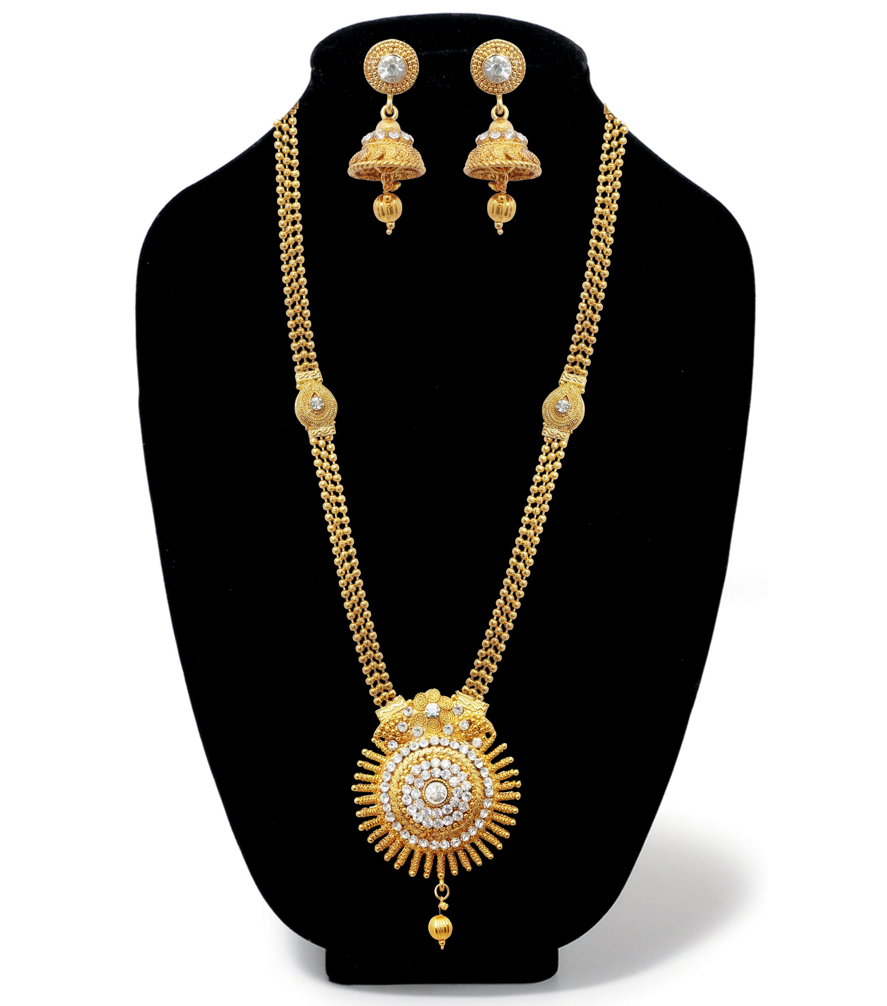 Gold Plated Long Necklace Set with Pearls