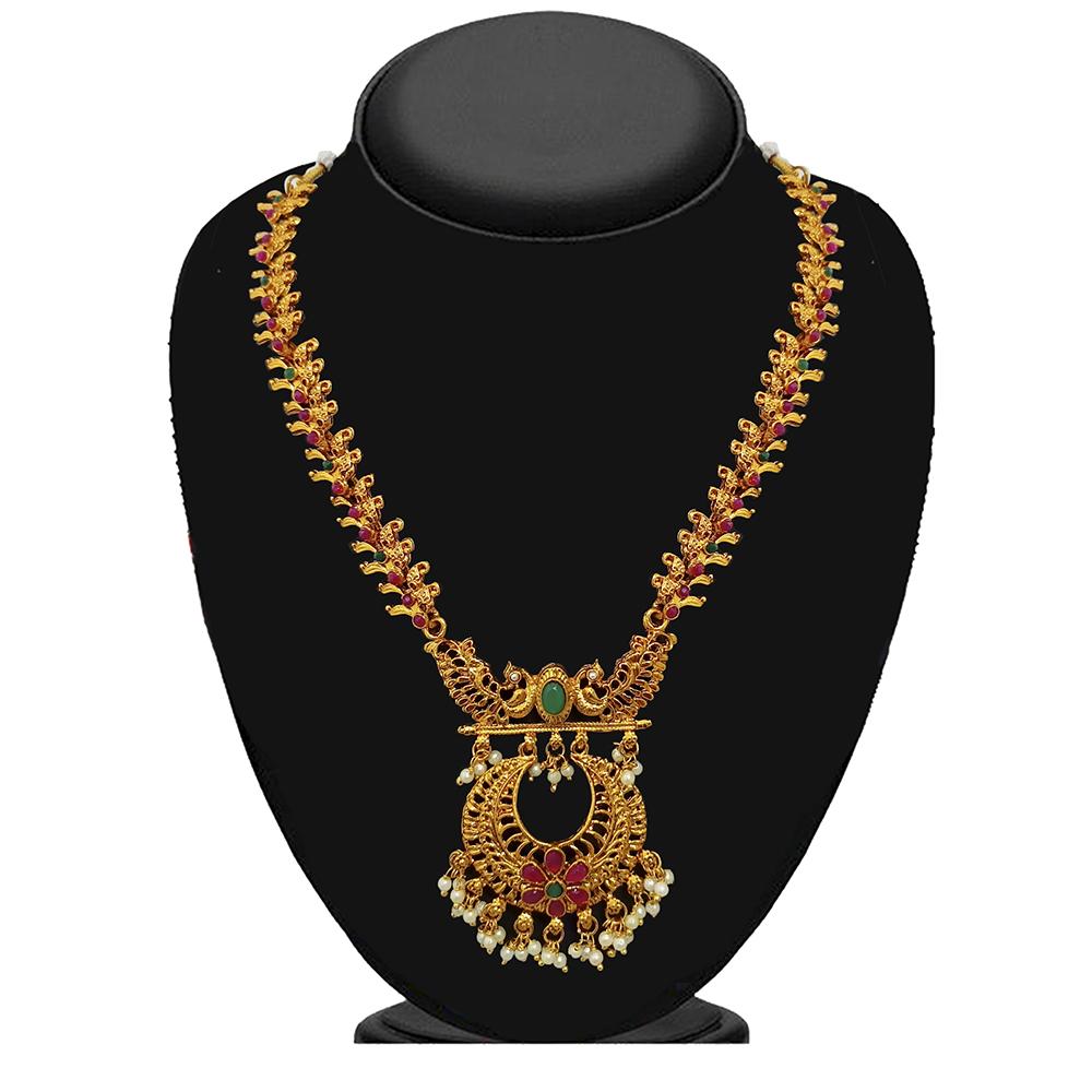 Shreeji Creation Gold Plated Green & Pink & Pearl Double Necklace Set ...