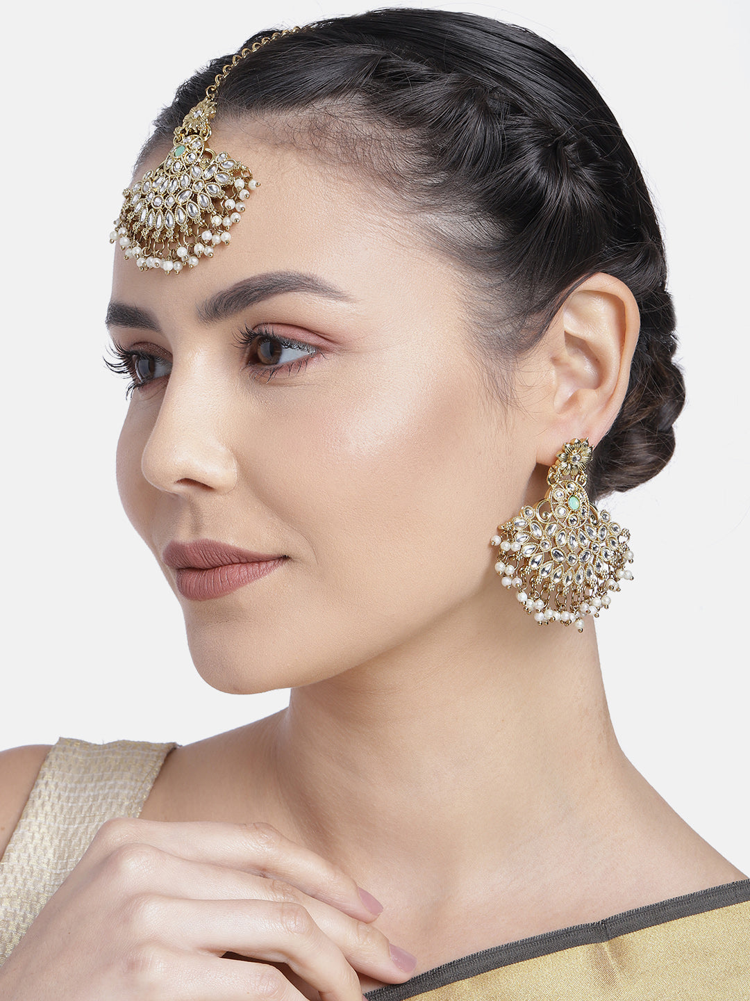 Orange Crystal Kundan Meenakari Earrings With Maang Tikka – Sanvi Jewels