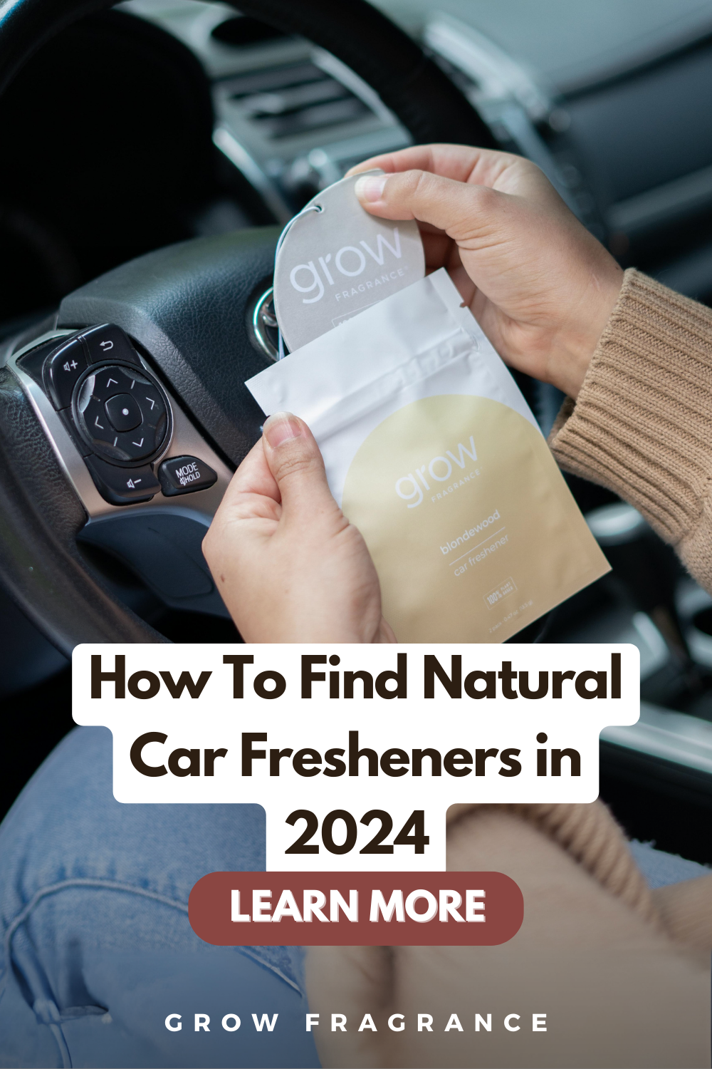 Hand inside a black luxury car, unboxing a natural car freshener with text 'How to Find Natural Car Fresheners in 2024