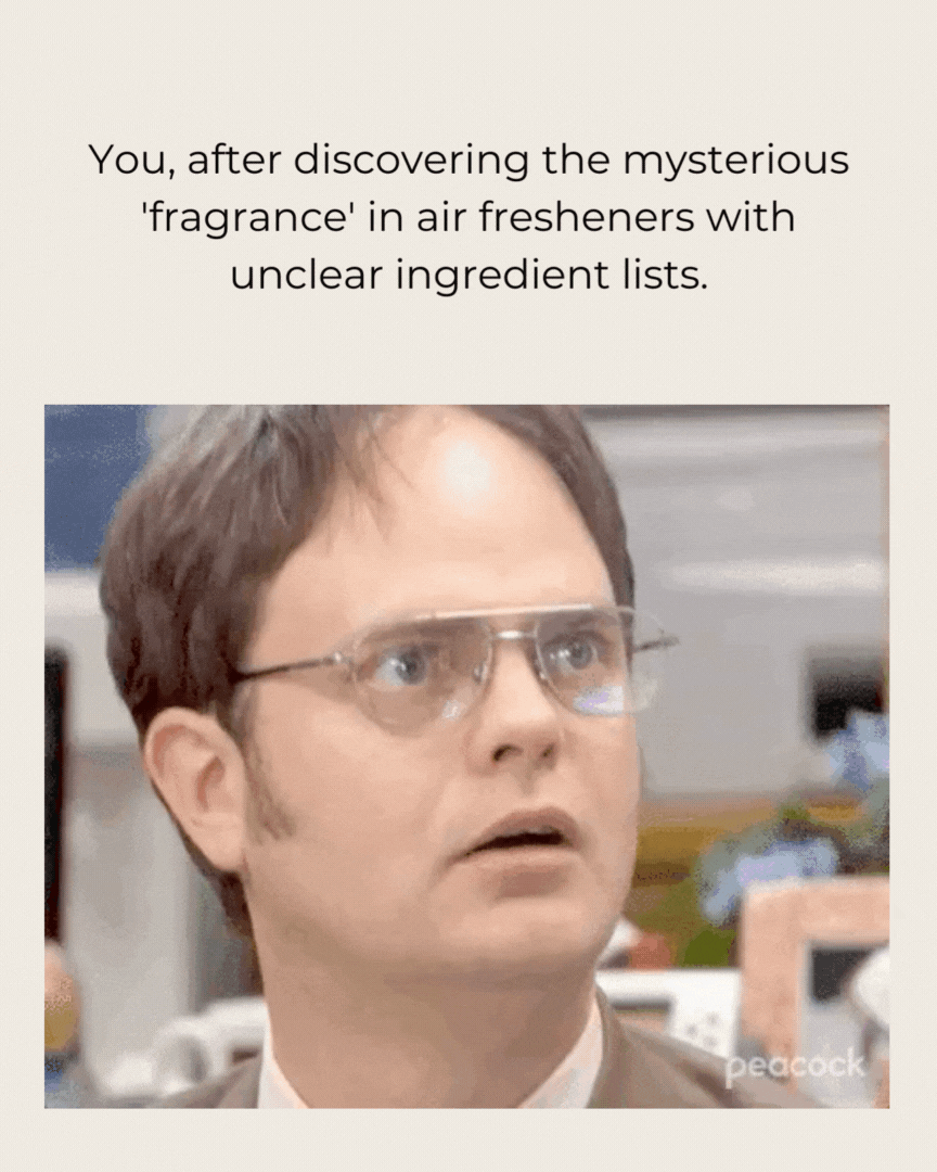 Dwight Schrute from 'The Office' with a bewildered expression, representing the moment when people discover the truth about synthetic, toxic air fresheners.