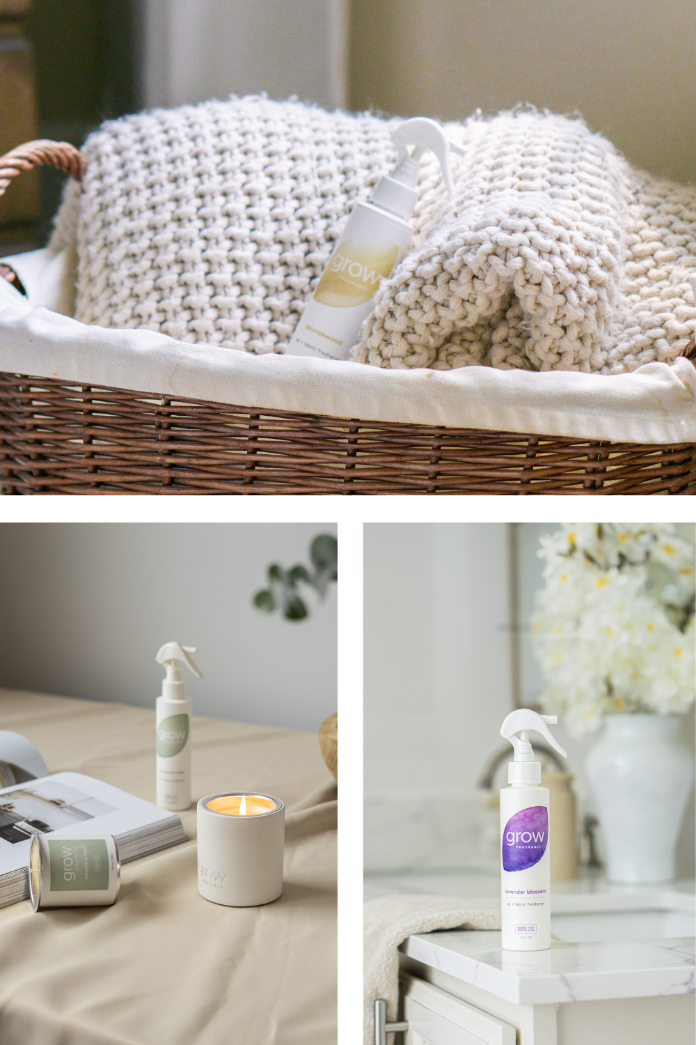 Assortment of Non-Toxic Air Fresheners including Blondewood, Woodland Sage, and Lavender Blossom, positioned in a tastefully decorated, neutral-themed home environment, promoting eco-friendly, aromatic living spaces.