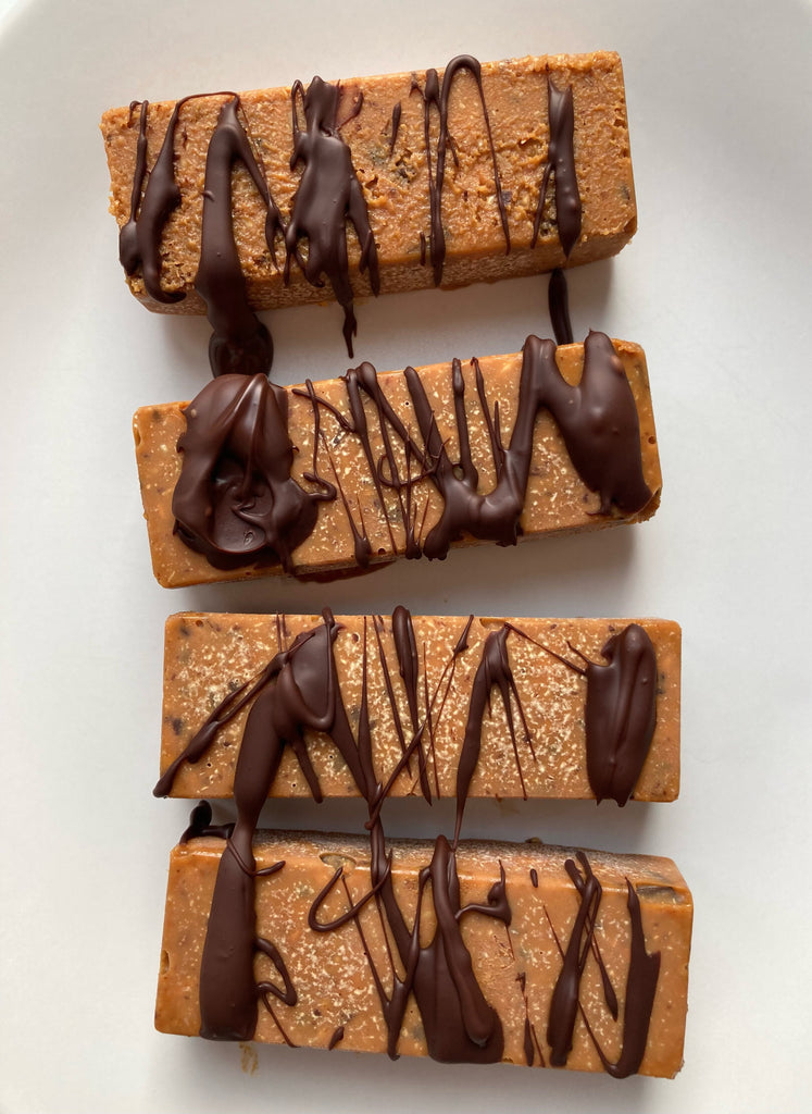 sugar-free, gluten-free protein bars with chocolate drizzle