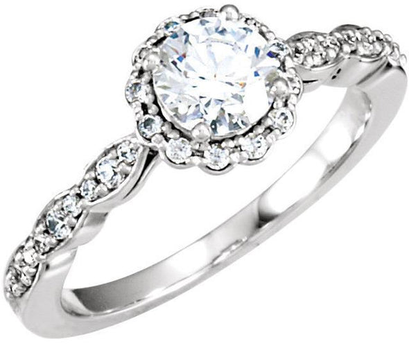 14K White Gold Vintage Scalloped Band Diamond Halo Engagement Ring