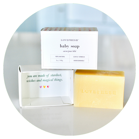 Lovefresh's baby bar soap. The inside of the soap box reads, "You are made of stardust, wishes, and magical things."