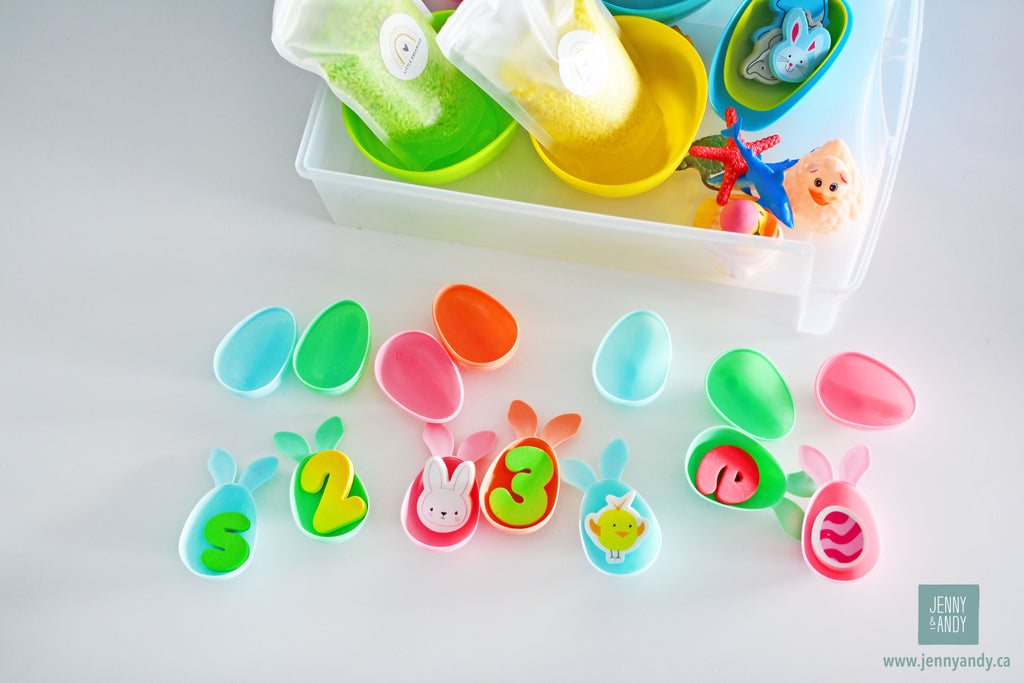 Easter eggs filled with trinkets for the sensory bin