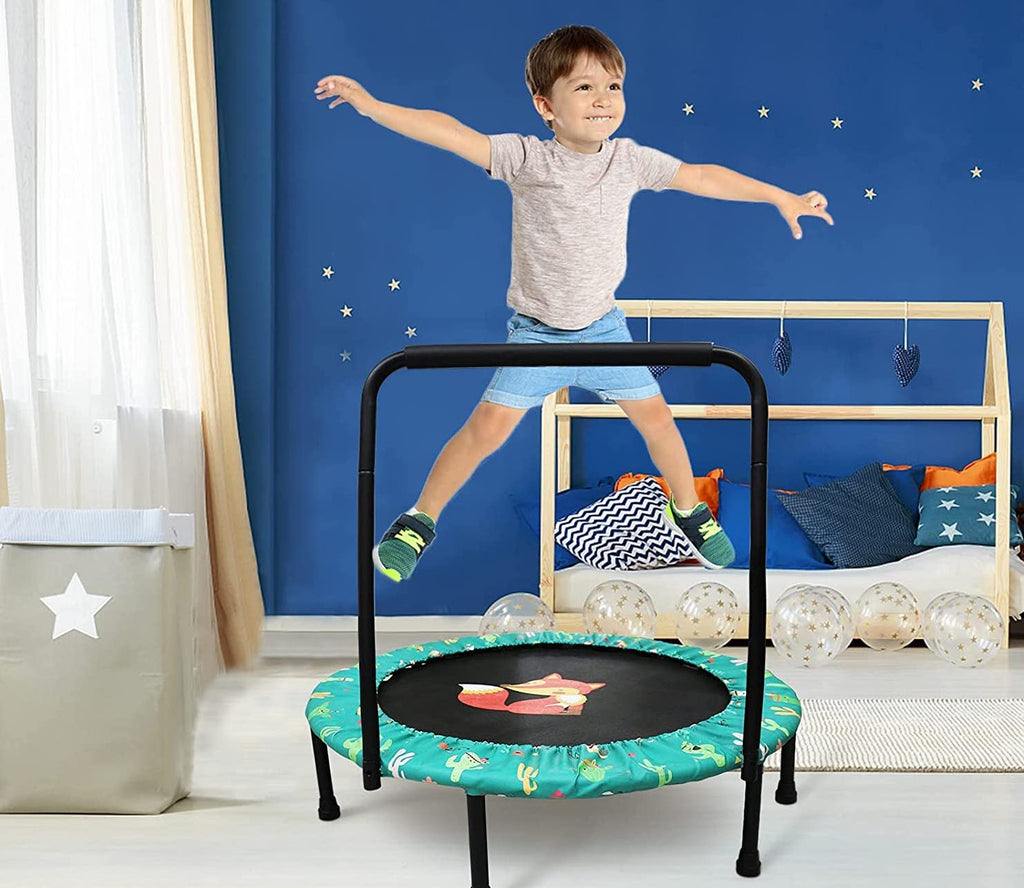 Child jumping on a small trampoline with a handle.