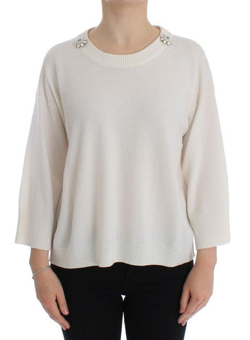 Dolce & Gabbana White Cashmere Floral Pearl Sweater