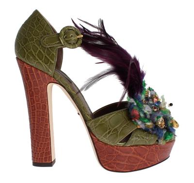 Dolce & Gabbana Caiman Crocodile Leather Designer Pumps with Crystal and Feather Accents