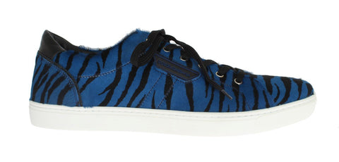 Dolce & Gabbana Blue Black Tiger Print Leather Designer Sneakers Dress Sneakers