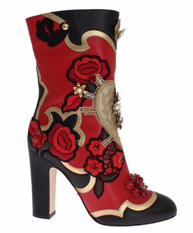 Dolce and Gabbana Boote Red Roses Crystal Gold Heart Red Gold Black Leather Boots Shoes for Women on SALE Discount Designer Footwear Outlet Warehouse Store