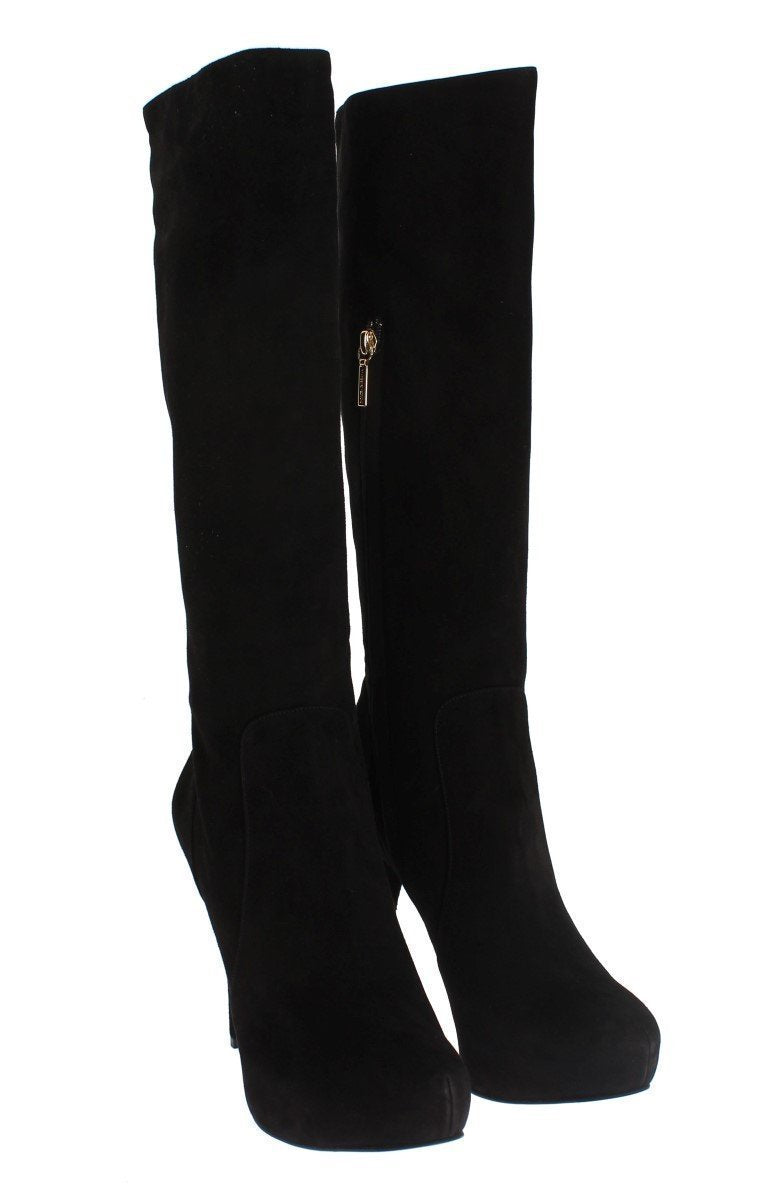 Black Suede Heels Mid Calf Boots 