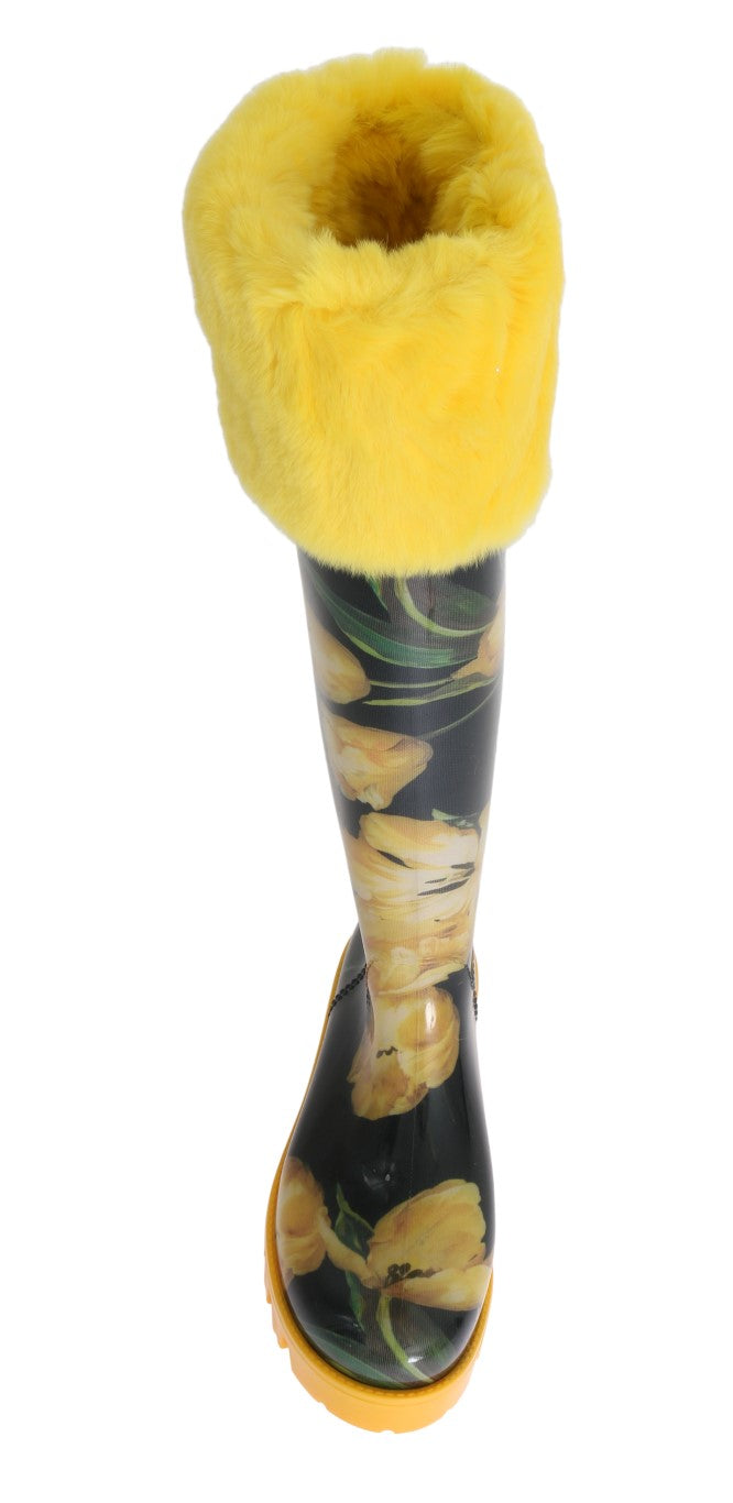 Yellow Tulip Print Fur Rubber Rain Boots