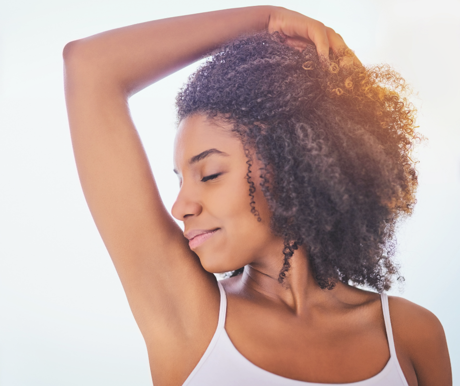 woman smelling her clean looking armpit "All about organic deodorant"