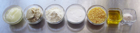 picture showing organic deodorant ingredients in small glass bowls, left to right: Jojoba oil, baking soda, shea butter, coconut oil, cornstarch, candelilla wax, probiotics