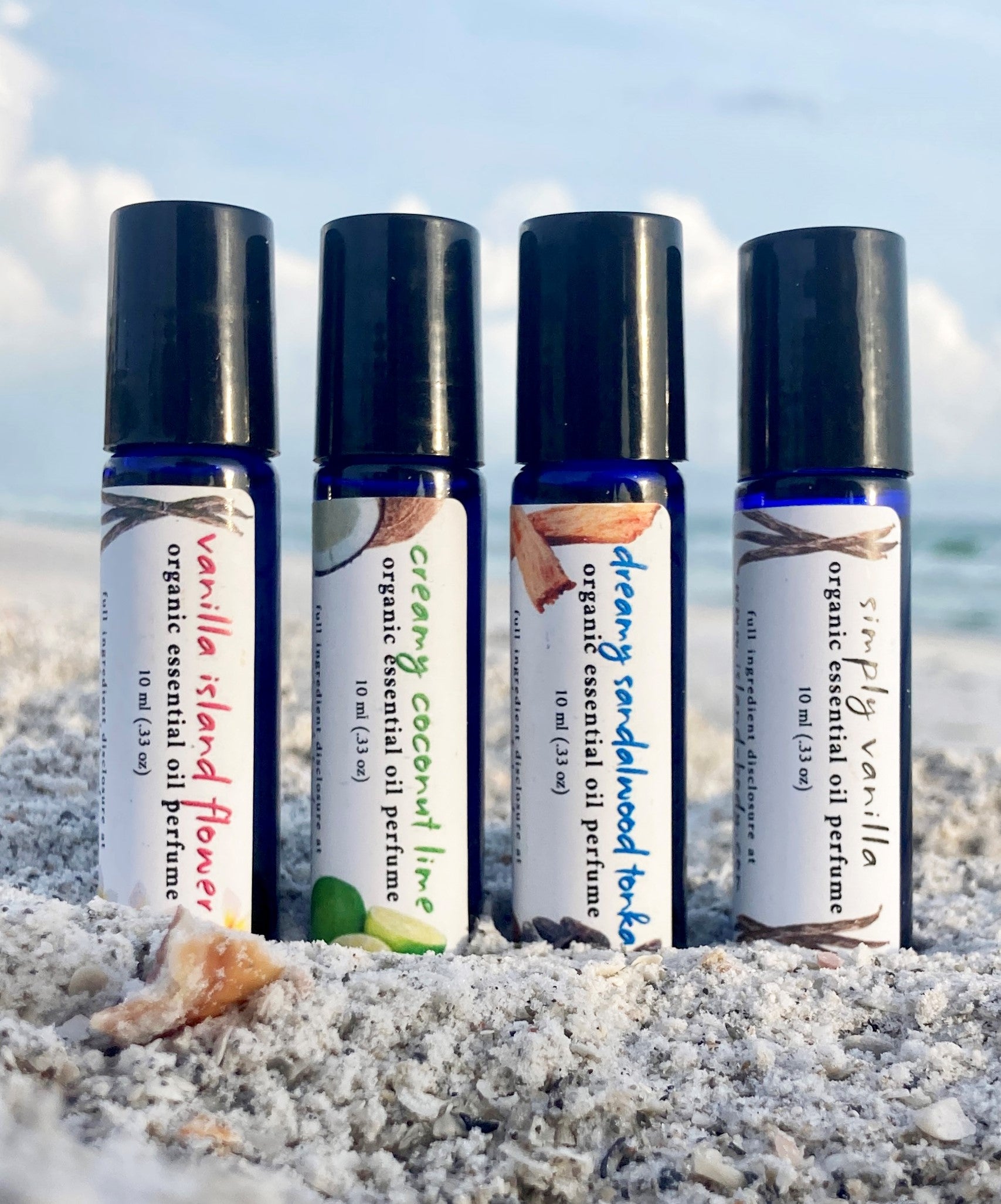 glass roller bottles of clean perfume made with essential oils
