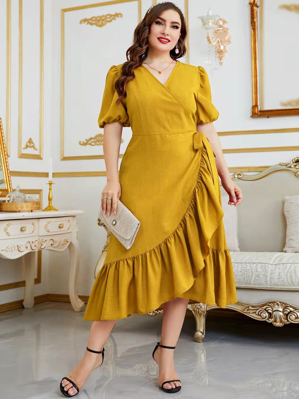 Butterfly Sleeve Ruffle Hem Redwood Colour Dress