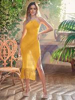 Halter Dress with Fringe Hem - Yellow / L
